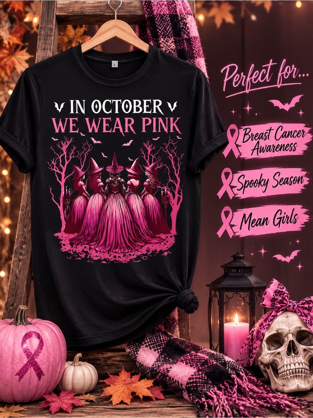 In October We Wear Pink Witch Halloween Graphic Tee Large NWOT